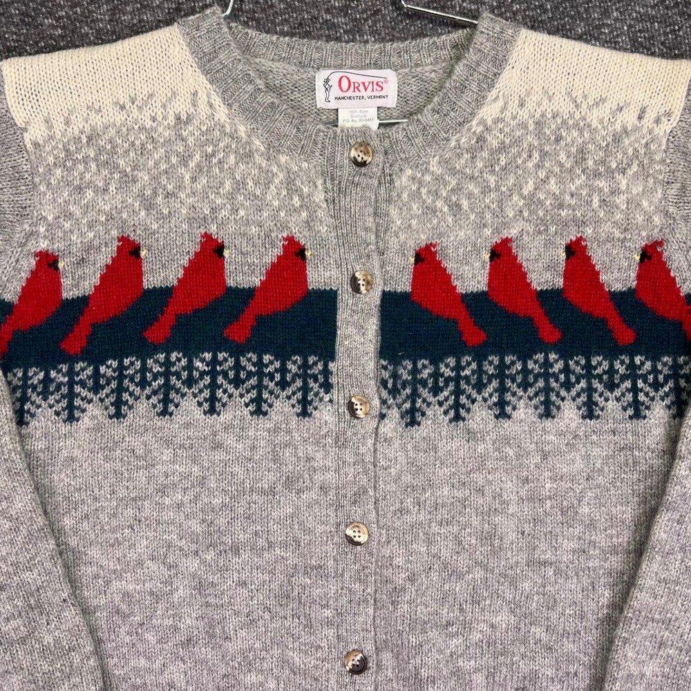 Orvis Cardinal Bird Cardigan Womens 42 Grey Shetland Wool Fair Isle Cabin Nature - Picture 7 of 16